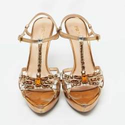 Prada Gold Leather Crystal Embellished Platform Sandals Size 41