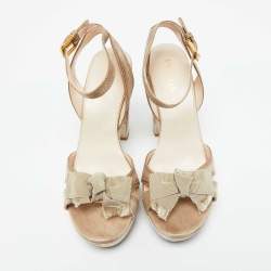 Prada Beige Leather Painted Wooden Bow Platform Sandals Size 38