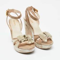 Prada Beige Leather Painted Wooden Bow Platform Sandals Size 38