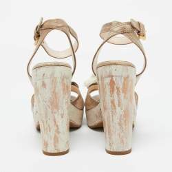 Prada Beige Leather Painted Wooden Bow Platform Sandals Size 38