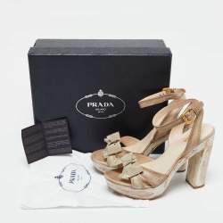 Prada Beige Leather Painted Wooden Bow Platform Sandals Size 38