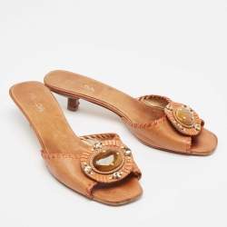 Prada Brown Leather Embellished Slide Sandals Size 40.5