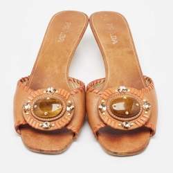 Prada Brown Leather Embellished Slide Sandals Size 40.5