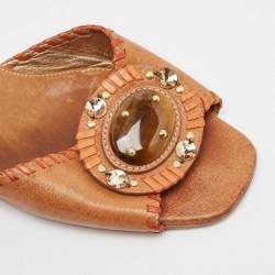 Prada Brown Leather Embellished Slide Sandals Size 40.5