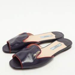 Prada Purple Saffiano Patent Leather Logo Flat Slides Size 35.5