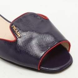 Prada Purple Saffiano Patent Leather Logo Flat Slides Size 35.5