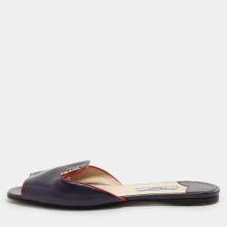 Prada Purple Saffiano Patent Leather Logo Flat Slides Size 35.5