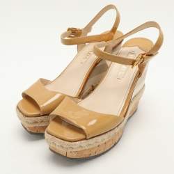 Prada Beige Patent Leather Wedge Espadrille Sandals Size 39.5