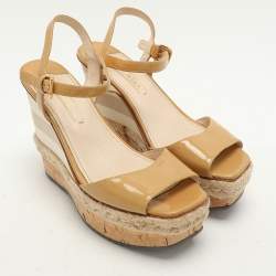 Prada Beige Patent Leather Wedge Espadrille Sandals Size 39.5