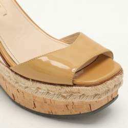 Prada Beige Patent Leather Wedge Espadrille Sandals Size 39.5