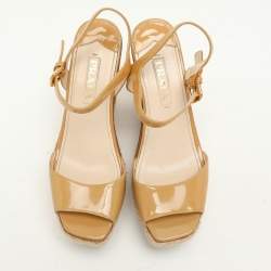 Prada Beige Patent Leather Wedge Espadrille Sandals Size 39.5