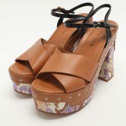 Pre Owned Prada Brown Leather Platform Ankle Strap Sandals Size 38.5