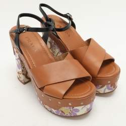 Pre Owned Prada Brown Leather Platform Ankle Strap Sandals Size 38.5