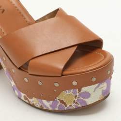 Pre Owned Prada Brown Leather Platform Ankle Strap Sandals Size 38.5