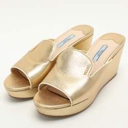Pre Owned Prada Gold Saffiano Leather Platform Slide Sandals Size 38.5