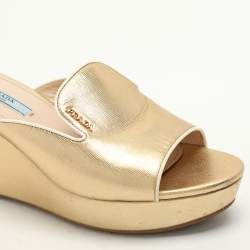 Pre Owned Prada Gold Saffiano Leather Platform Slide Sandals Size 38.5