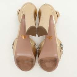 Prada Gold Leather Embellished Platform Ankle Strap Sandals Size 39