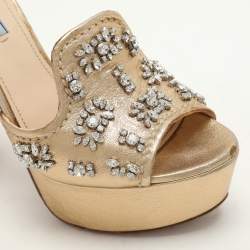 Prada Gold Leather Embellished Platform Ankle Strap Sandals Size 39