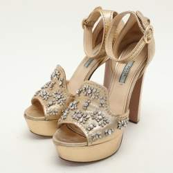 Prada Gold Leather Embellished Platform Ankle Strap Sandals Size 39