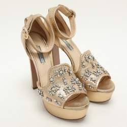 Prada Gold Leather Embellished Platform Ankle Strap Sandals Size 39