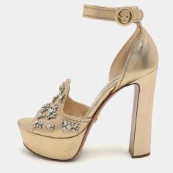 Prada Gold Leather Embellished Platform Ankle Strap Sandals Size 39