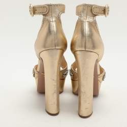 Prada Gold Leather Embellished Platform Ankle Strap Sandals Size 39