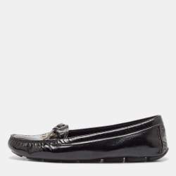 Pre Owned Prada Black Patent Leather Bow Smoking Slippers Size 39