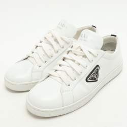 Prada White/Black Leather Logo Low Top Sneakers Size 39.5