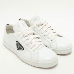 Prada White/Black Leather Logo Low Top Sneakers Size 39.5