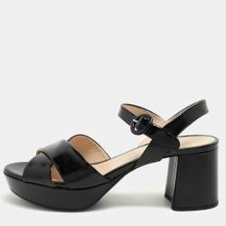 Pre Owned Prada Black Patent Saffiano Leather Platform Ankle Strap Sandals Size 39