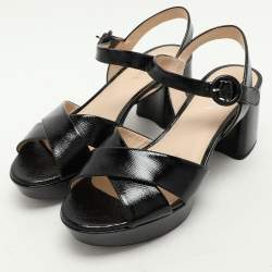Pre Owned Prada Black Patent Saffiano Leather Platform Ankle Strap Sandals Size 39