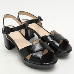 Pre Owned Prada Black Patent Saffiano Leather Platform Ankle Strap Sandals Size 39