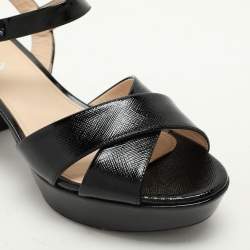 Pre Owned Prada Black Patent Saffiano Leather Platform Ankle Strap Sandals Size 39