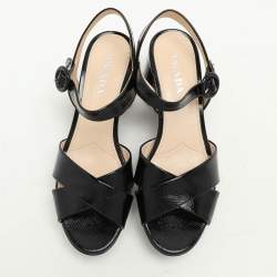 Pre Owned Prada Black Patent Saffiano Leather Platform Ankle Strap Sandals Size 39