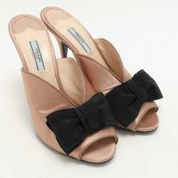 Prada Beige/Black Satin Bow Slide Sandals Size 39