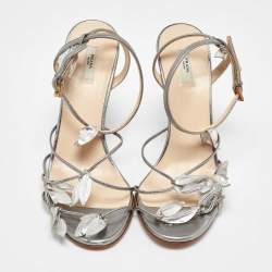 Prada Silver Leather Leaf Strappy Sandals Size 38.5