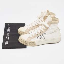 Prada Cream/White Canvas Gabardine High Top Sneakers Size 37.5
