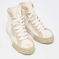Prada Cream/White Canvas Gabardine High Top Sneakers Size 37.5