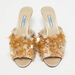 Prada Gold Satin Embellished Slide Sandals Size 38