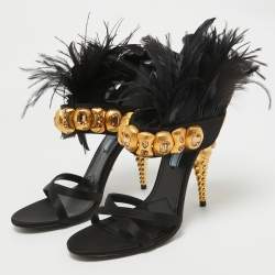 Prada Black Satin and Feather Ankle Strap Sandals Size 38.5