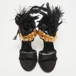 Prada Black Satin and Feather Ankle Strap Sandals Size 38.5