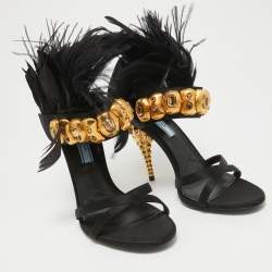 Prada Black Satin and Feather Ankle Strap Sandals Size 38.5