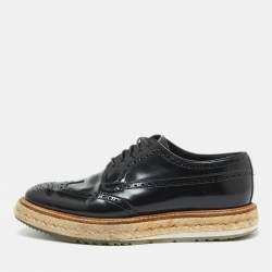 Prada Black Leather Brogue Wingtip Espadrille Platform Derby Size 38.5