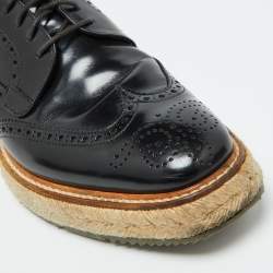 Prada Black Leather Brogue Wingtip Espadrille Platform Derby Size 38.5