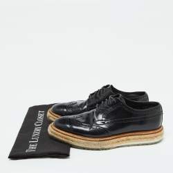 Prada Black Leather Brogue Wingtip Espadrille Platform Derby Size 38.5