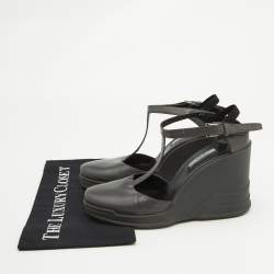 Prada Grey Leather T-Strap Wedge Ankle Strap Pumps Size 40