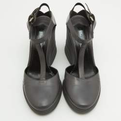 Prada Grey Leather T-Strap Wedge Ankle Strap Pumps Size 40