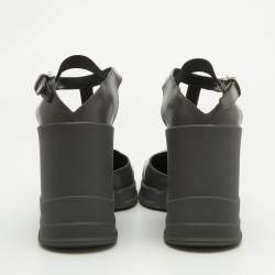 Prada Grey Leather T-Strap Wedge Ankle Strap Pumps Size 40