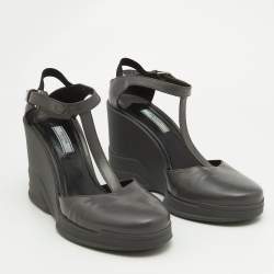 Prada Grey Leather T-Strap Wedge Ankle Strap Pumps Size 40