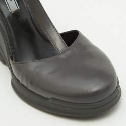 Prada Grey Leather T-Strap Wedge Ankle Strap Pumps Size 40